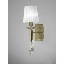Diyas - Tiffany wall light with switch 1+1 E14+G9 bulb, antique brass with white lampshade & transaparent crystal