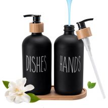 Elegantes Seifenspender-Set aus Glas mit Tablett – Schwarz-Weiß-Dekoration für Badezimmer und Küche – 500 ml Fassungsvermögen (schwarz) - Tigrezy