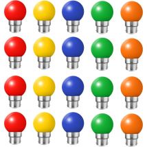 Lot de 20 ampoules led couleur b22 ampoules baïonnette 2w Rouge, Jaune, Orange, Vert, Bleu,Incassable (équivalence 20W) - Tigrezy