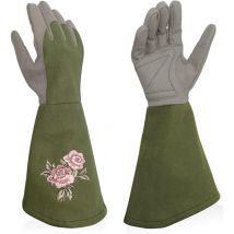 Tigrezy - Women's Garden Gloves, Faux Leather Shrub Gloves with Full Thorn Protection, Long Work Gloves with Puncture Resistance for Gardening Work-S