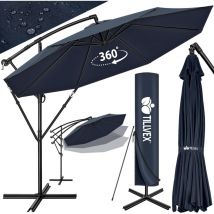 Tillvex - 300 cm Sombrilla Excentrico Azul Parasol para Terraza Jardín Balcón Patio con Manivela y Base en Cruz, giratorio 360o, Protección uv