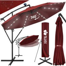 Tillvex - 300 cm Sombrilla Excentrico Rojo con 32 Luces led Solar Parasol para Terraza Jardín Balcón Patio con Manivela y Base en Cruz, Giratorio