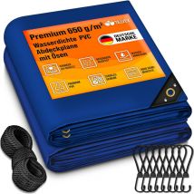 Abdeckplane Blau 5x7 m mit Ösen + 10 Haken & 15m Seil Gewebeplane 650g/m² Wasserdicht & Reißfest Premium PVC-Plane Universell lkw, Pool, Holz