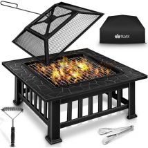 Tillvex - Brasero Exterior 3 en 1 Hoguera de Jardín con Asador y Tapa Pozo de Fuego, Estufa con Barbacoa bbq Fire Pit con Atizador, Pinzas y Parrilla