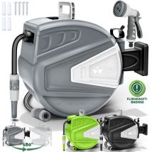 tillvex Enrouleur de Tuyau d'arrosage 15+2m Gris pour Jardin - avec support mural + poignée Dévidoir pour tuyau avec pistolet à eau et tuyau