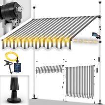 Tillvex - Klemmmarkise 400 cm Grau/Weiß mit led mit Handkurbel Balkon Balkonmarkise ohne Bohren Markise UV-beständig & höhenverstellbar Sonnenschutz
