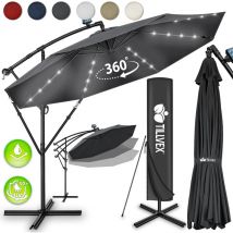 Tresko - tillvex Parasol déporté led solaire en aluminium 300 cm - Avec manivelle - Avec interrupteur marche/arrêt - Protection uv - Parasol à