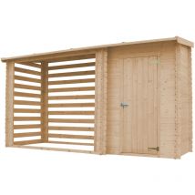 Timbela - Caseta de jardín con leñero de madera - exteriores 348 x 146 x H199 cm - casita de madera 1,1 m2 - leñero 3,8 m3 - leñero exterior con