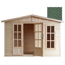 Timbela - Abri de jardin en bois 6 m2 - l332xP222xH232cm - Cabanon jardin extérieur avec sol - Maison d'été avec des bardeaux bitumineux vert