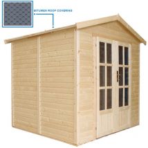 Timbela - Garten Holzhaus mit Bitumenschindeln der grau Farbe, B233xT222xH233 cm, Modernes Gartenhaus als Home-Office, Abschließbares Gartenhaus,