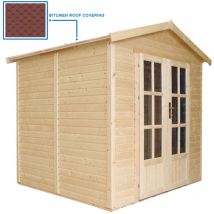 Timbela - Garten Holzhaus mit Bitumenschindeln der roten Farbe, B233xT222xH233 cm, Modernes Gartenhaus als Home-Office, Abschließbares Gartenhaus,