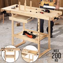 Timbertech - Banco de Carpintero - 127x58x83 cm, de Madera Maciza, con Mordaza de Sujeción, Cajones, Estante, Carga Máxima de 200 kg - Mesa, Banco de
