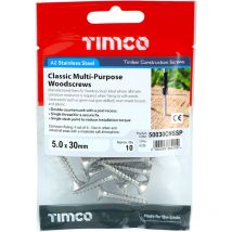 TIMCO Classic Multi-Purpose Countersunk A2 Stainless Steel Woodcrews - 5.0 x 30 TIMpac OF 10 - 50030CHSSP