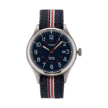 Timex Orologio al quarzo WATERBURY UNITED quadrante in acciaio 38 MM case colore acciaio - quadrante blu cinturino in tessuto Blu-Bianco-Rosso 18 MM