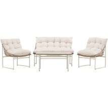 Tinasalon 1 table basse, 1 canapé, 2 fauteuils beiges.