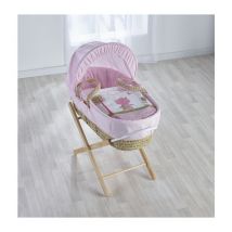 Tiny Ted Pink Palm Moses Basket with Folding Stand Natural, Quilt, Padded Liner, Body Surround & Adjustable Hood - Pink