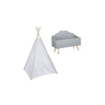 Tipi Enfant Gris + Coffre à Jouets Nuage Gris
