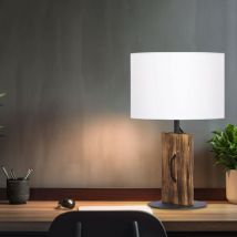 Tischlampe Tischleuchte Leselampe Schlafzimmerleuchte, Pinienholz Textilschirm weiß Landhaus, 1x E27 Fassung, DxH 18x32cm