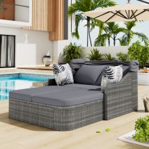 Ensemble de salon de jardin en rotin pe avec auvent réglable, chaise longue double avec 4 coussins et housse de coussin amovible pour piscine de