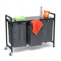 Cesto per la biancheria 3 scomparti con ripiano Metallo nero 96500 Raccoglitore per la biancheria Carrello per la biancheria con ruote Scatola per la