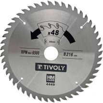 Hoja de sierra circular • Ø216 mm • 48 dientes de carburo • Excelente acabado • Para cortar madera dura • Para cortar madera laminada - Tivoly