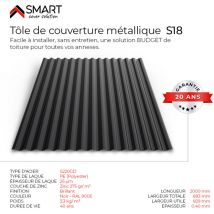 Bravo The Smart Solution - Tôle bac acier - Toiture - Couverture - plaque S18 Coloris Noir Brillant ral 9005 Dimensions 2000x883x0.40mm