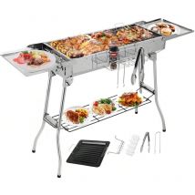 Tlgreen - Gril à charbon (122 x 30 x 75 cm), gril à charbon portable, grill pliant, acier inoxydable, grill à charbon de barbecue avec poêle