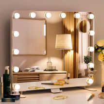 Hollywood Spiegel Mit Beleuchtung, 60x50 Cm Schminkspiegel Mit 14 Dimmbarer Led Licht, 3 Farblichtmodi, Doppelfußdesign, Mit Handyhalter Usb- 