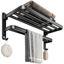 Toallero negro de 2 niveles para baño, plegable, de aluminio, sin perforaciones, para baño e inodoro.