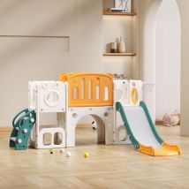 Toboggan 6 en 1 en pehd pour enfant - avec toboggan, panier de basket et des escaliers, 2 compartiments, espace voûté pour gramper au sol - Vert