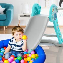 Toboggan d'Intérieur Pliable 3 en 1 pour Enfants Panier et Ballon de Basket Zone Tampon de Sécurité Marches et Toboggan Autoportant Bleu Maison Chic