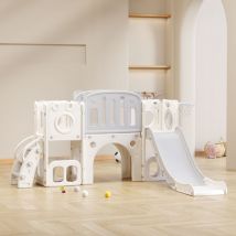 Toboggan Bears Kids 6 en 1 avec un toboggan, deux plates-formes, deux compartiments d'armoire au sol, un panier de basket et des escaliers