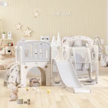 Toboggan pour enfants 7 en 1 avec balançoire, plateforme, jeu de punch, support de basket et escaliers, blanc