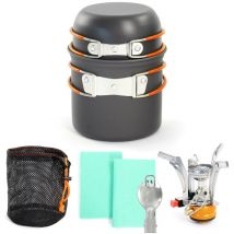 Toboli - Set de vaisselle Camping 6 pièces, en Acier/Aluminium, Équipement de cuisine plein air avec Réchaud, Casserole, Poêle, Cuichette, Sac et