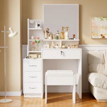 Tocador moderno con espejo - Mesa de maquillaje con 4 cajones y 1 taburete - 4 estantes - 87 x 40 x 144 cm - Blanco