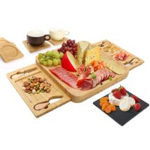 Set plateau à fromage en bambou, plateau à fromage avec Ensemble couteau et fourchette et tiroir coulissant, 1 Ardoise et 4 Dessous De Verre