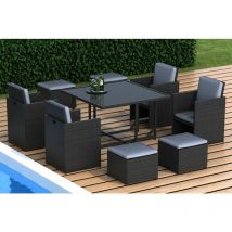 Toledo - Salon de jardin encastrable 8 places - en résine tressée - Noir avec coussins gris - qualite premium garantie