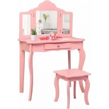 Costway - Toeletta in Legno per Bambini - 3 Specchio e Sgabello, Set Toeletta Multifunzionale con Parte Superiore Rimovibile, Rosa