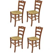 Tommychairs - Set 4 sedie modello Cuore per cucina bar e sala da pranzo, robusta struttura in legno di faggio color noce chiaro e seduta in paglia