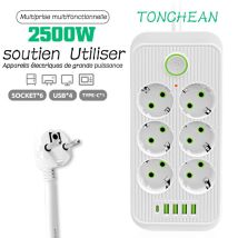 Tonchean - Multiprise Electrique,Bloc 6 Prises 2500W 10A 230V avec 4 Ports Chargeur (4 usb A+1 usb c) Prise Multi Parasurtenseur Parafoudre et