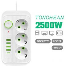 Tonchean - Multiprise Murale 3 Prises et 4 usb avec 1 usb c, Electrique 8 en 1, Multiprise Secteur pour la Maison Le Bureau Blanc