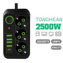 Tonchean - Multiprise Murale 3 Prises et 4 usb avec 1 usb c, Electrique 8 en 1, Multiprise Secteur pour la Maison Le Bureau Noir