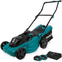 Tondeuse à gazon 40V – largeur de coupe 38 cm – réglage central de la hauteur – 2 batteries 4.0Ah et un chargeur rapide double
