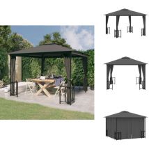 Tonnelle avec parois et toit double 3x3 m Anthracite - Abri Jardin - Tonnelle Jardin - Parasol Jardin - Auvent Jardin - Structure Extérieure