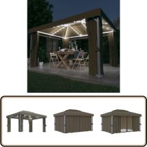 Tonnelle avec rideau et guirlande lumineuse à led 4x3 m Taupe - Tonnelle - Abri Jardin - Pergola - Auvent - Structure Extérieure
