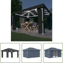 The Living Store - Tonnelle avec rideau et guirlande lumineuse led 4x3m Anthracite - Tonnelle - Abri Jardin - Pergola - Auvent - Structure Extérieure