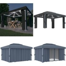 Tonnelle avec rideau et guirlande lumineuse led 4x3m Anthracite - Tonnelle - Abri Jardin - Pergola - Auvent - Structure Extérieure - Home & Living