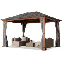 Tonnelle de jardin 3x4 m design en optique bois toit en acier 4 parois latérales, gris