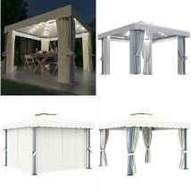 Tonnelle et rideau et guirlande lumineuse led 3x3 m Blanc crème - Tonnelle - Abri Jardin - Pergola - Auvent - Structure Extérieure - Home & Living