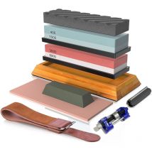 Kit de Pierre a Aiguiser, Grain 400/1000 et 3000/8000 Pierre a Aiguiser , Piètement en Bambou Antidérapante, Support en Silicone, Guide d'Angle et